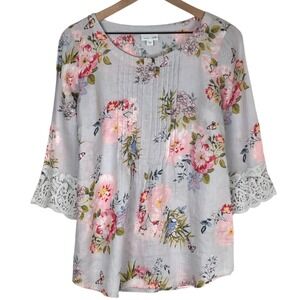 J.JILL Love Linen Floral Pintuck Lace Trim Top Sz S Gray Pink Botanical Cottage